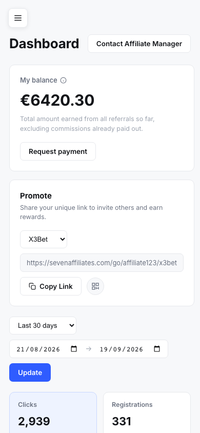 Seven Affiliates dashboard on mobile